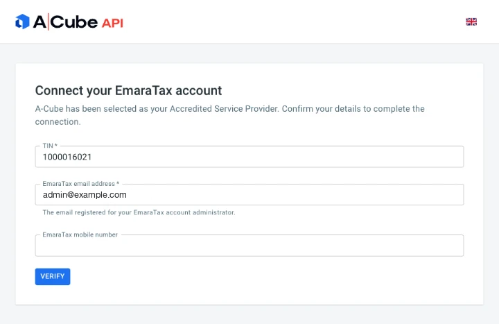 A-Cube onboarding page asking for the TIN, the EmaraTax email and the mobile number