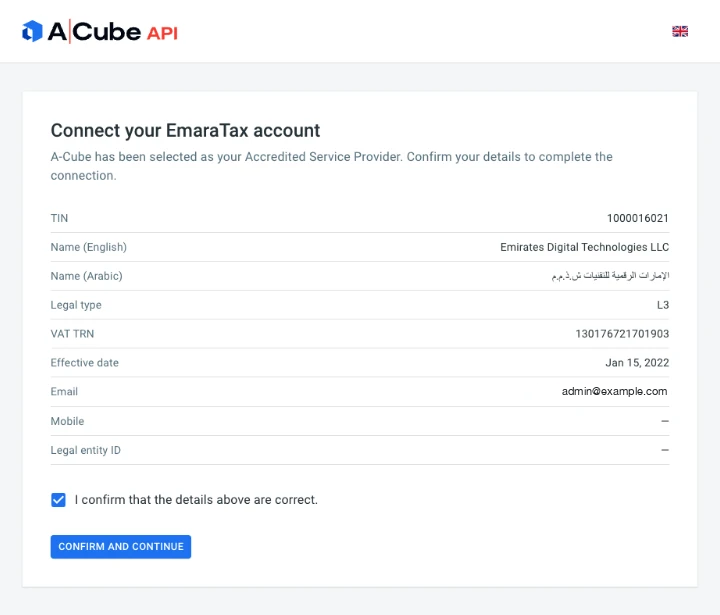 A-Cube onboarding page showing the company data from EmaraTax, with the confirmation checkbox