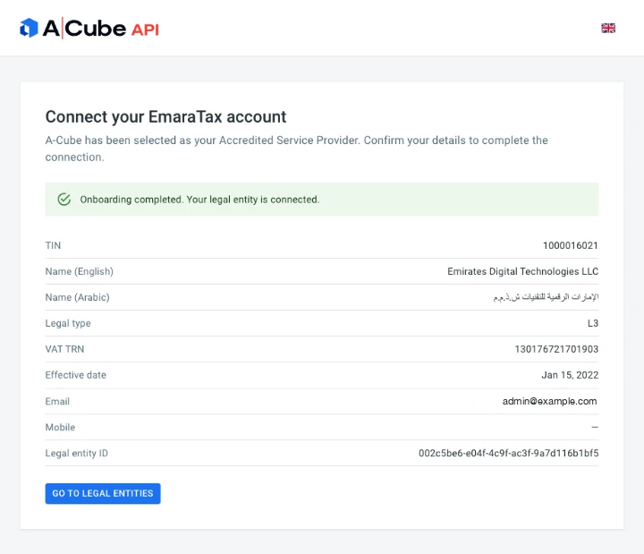 A-Cube onboarding page confirming that the onboarding is complete