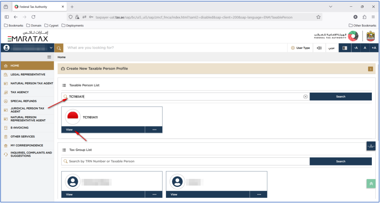 Searching for a taxable person in EmaraTax