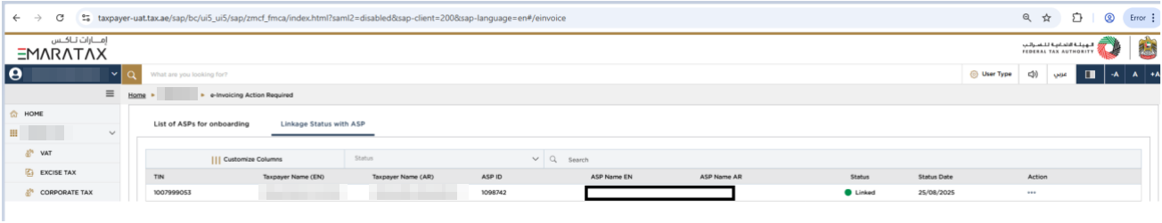 Linkage Status with ASP showing the Linked status