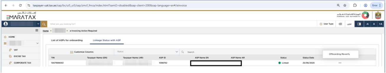 Offboarding/Reverify action in the Linkage Status with ASP tab