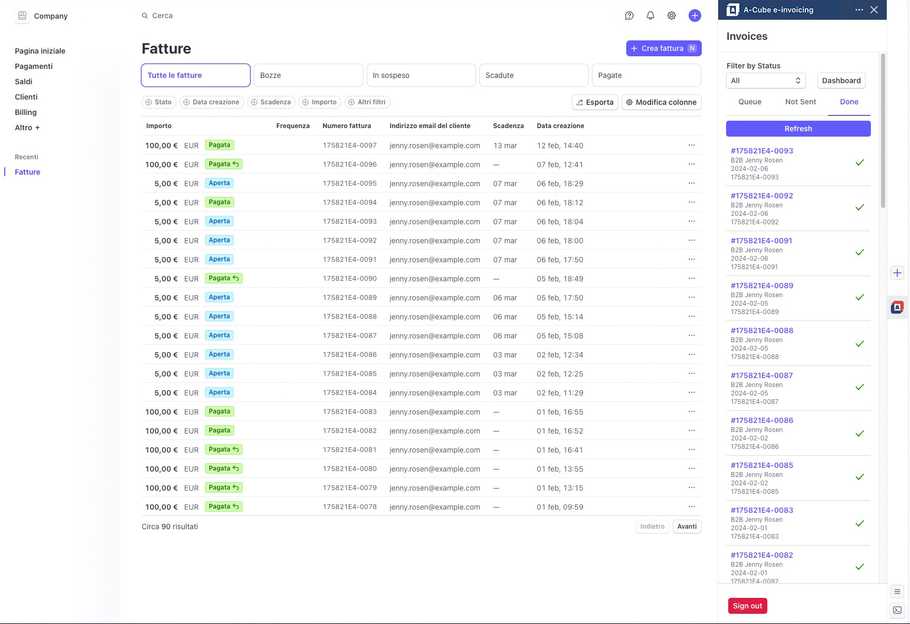 A-Cube e-invoicing Stripe App invoices list