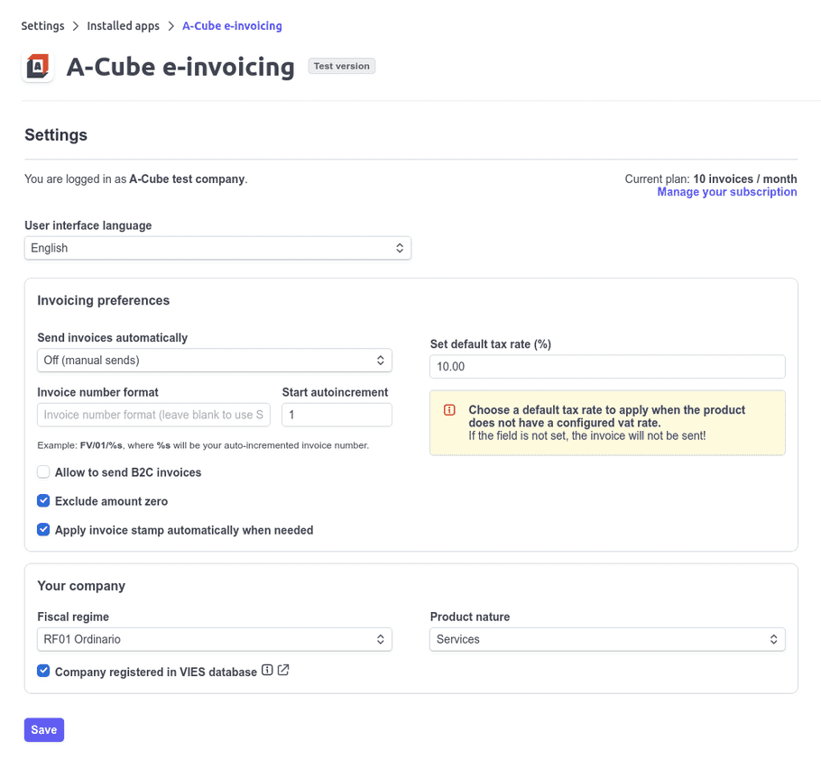 A-Cube e-invoicing Stripe App settings