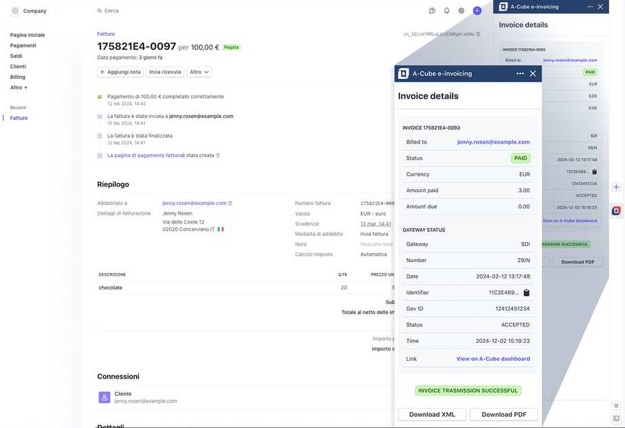 A-Cube e-invoicing Stripe App invoices details