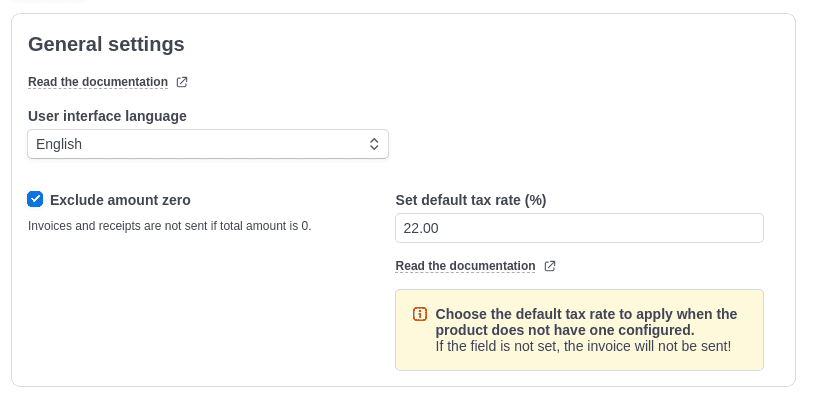 A-Cube e-invoicing Stripe App general settings