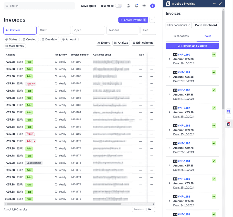 A-Cube e-invoicing Stripe App invoices list