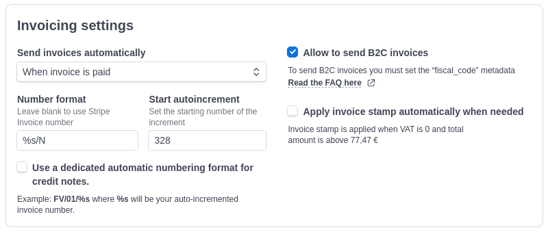 A-Cube e-invoicing Stripe App invoicing settings