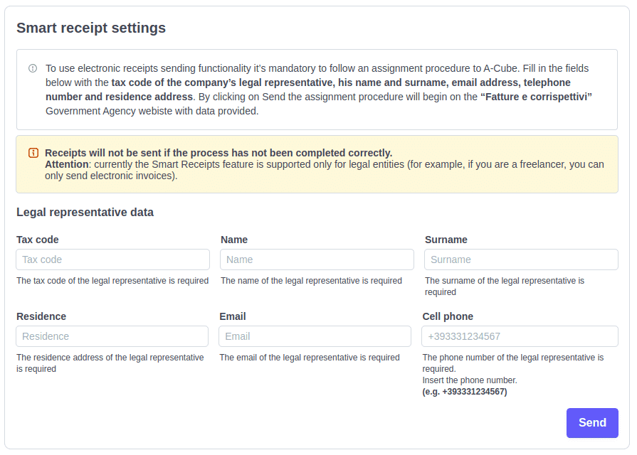 A-Cube e-invoicing Stripe App smart receipts settings