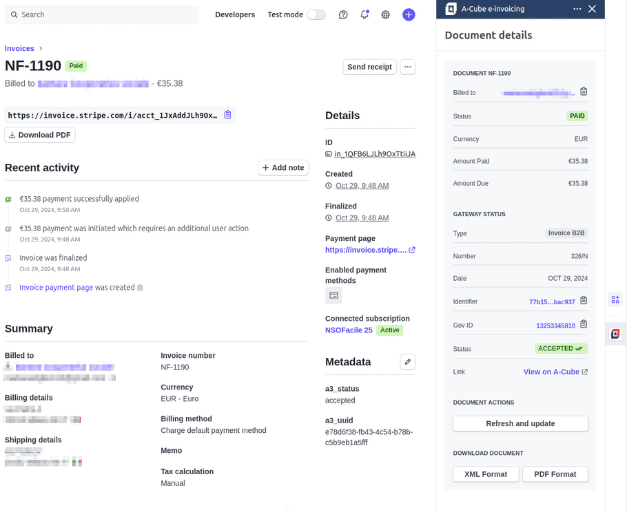 A-Cube e-invoicing Stripe App invoices details